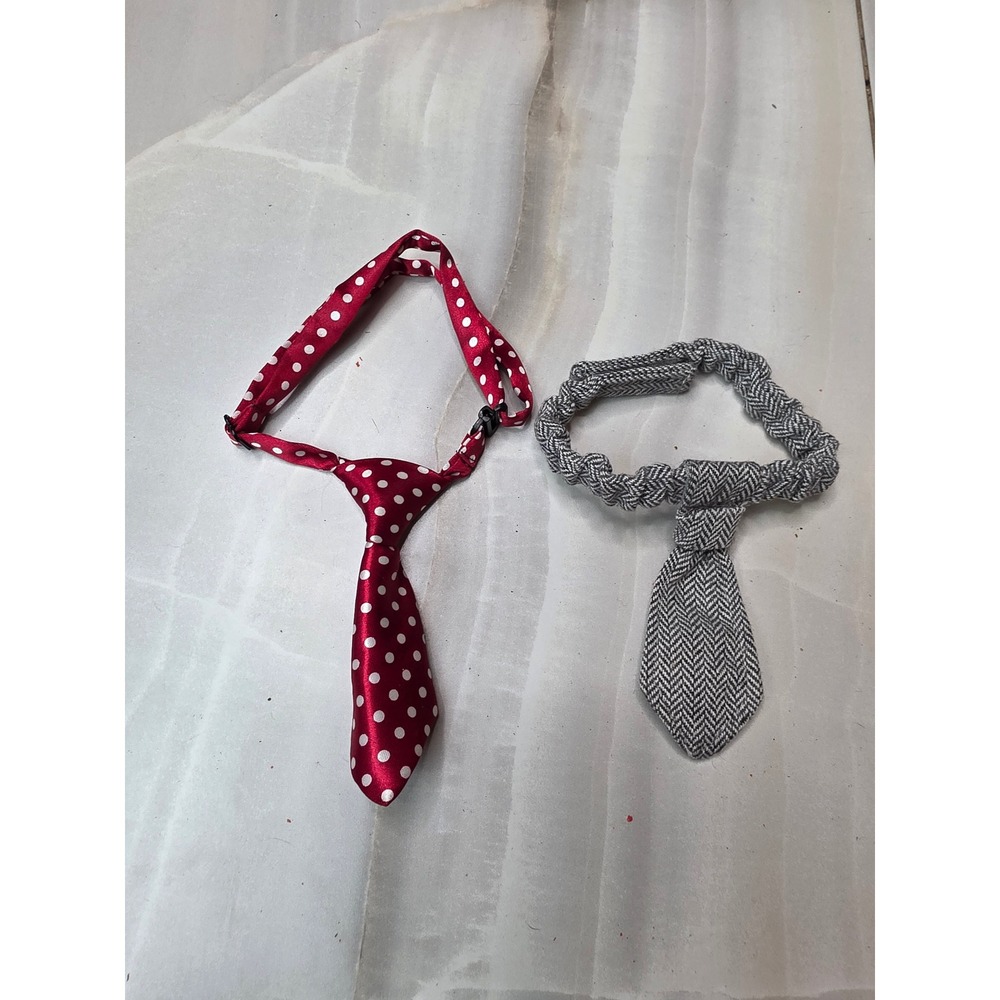 Lot of 2 Pet Neckties Red Polka Dot and Grey Herringbone for Small Dogs Cats A2 - Picture 3 of 16